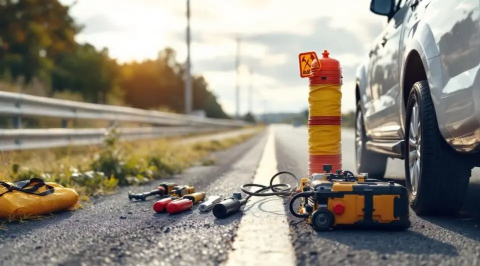 A professional Matt's Towing technician using a floor jack to change a flat tire on a busy Nanaimo roadside at dusk.